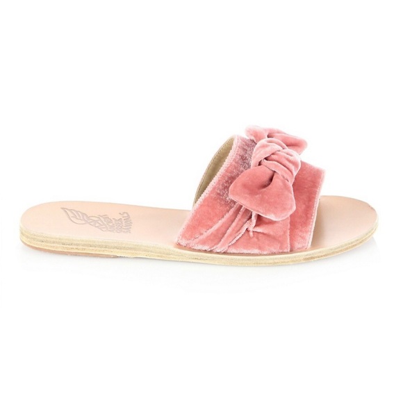 Ancient Greek Sandals Taygete Bow Slide Sandals Black Velvet  Ancient Greek Sandals Taygette Bow Leather Slides